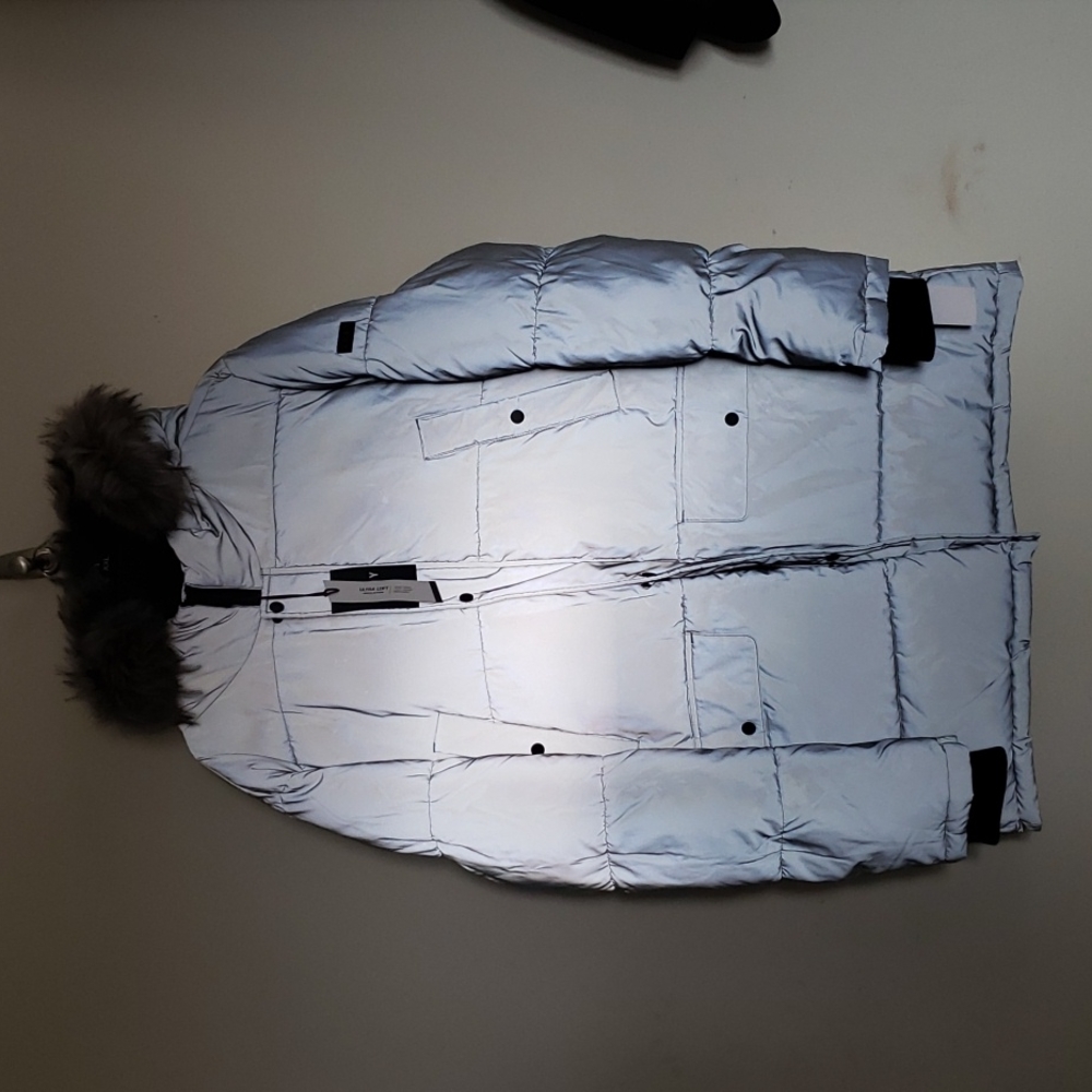 DKNY Men 3/4 Length REFLECTIVE PARKA JACKET Hood with Removable Faux Fur  Sz XL